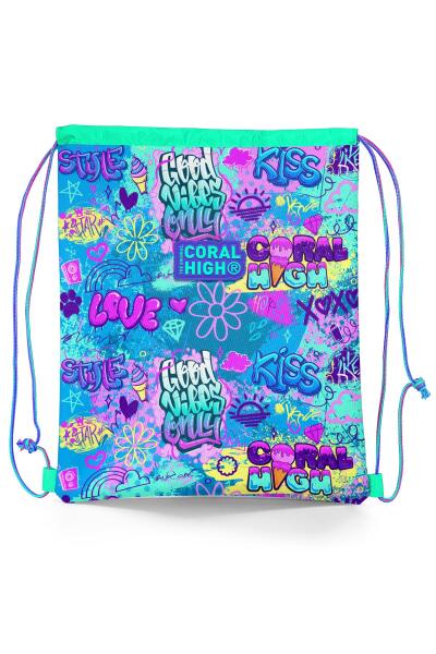 Coral High Kids Lavanta Su Yeşili Grafiti Desenli İpli Büzgülü Sırt Çantası 22672 - 1