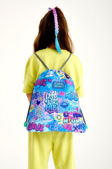 Coral High Kids Lavanta Su Yeşili Grafiti Desenli İpli Büzgülü Sırt Çantası 22672 - 2