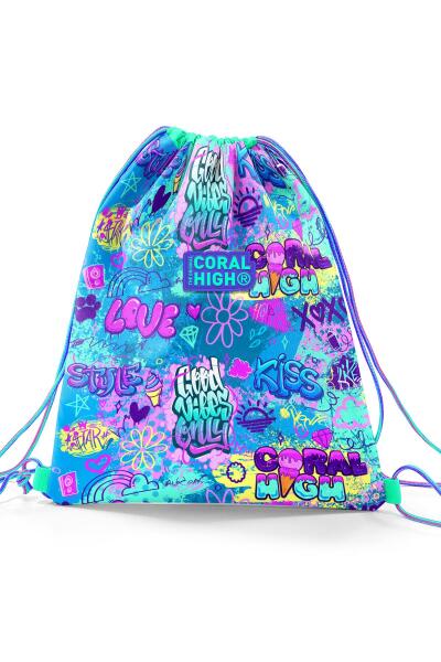 Coral High Kids Lavanta Su Yeşili Grafiti Desenli İpli Büzgülü Sırt Çantası 22672 - 3