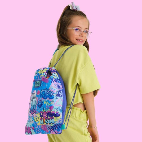 Coral High Kids Lavanta Su Yeşili Grafiti Desenli İpli Büzgülü Sırt Çantası 22672 - 4