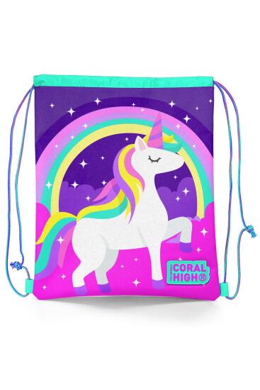 Coral High Kids Mor Su Yeşili Unicorn Desenli İpli Büzgülü Sırt Çantası 22483 
