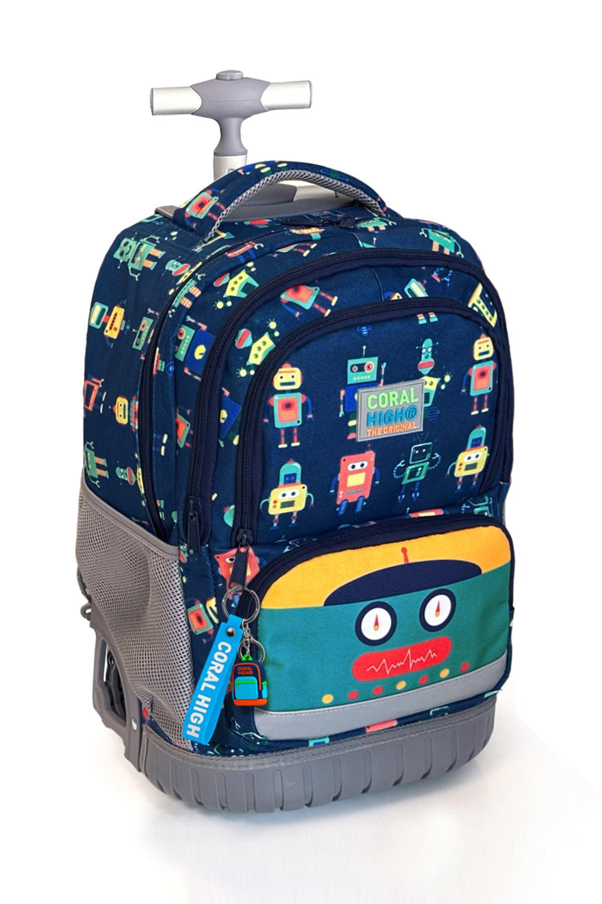 Coral High Kids Robot Desenli, Lacivert Renkli, İki Kademeli Çekçekli, Sırt Ve Okul Çantası 24025