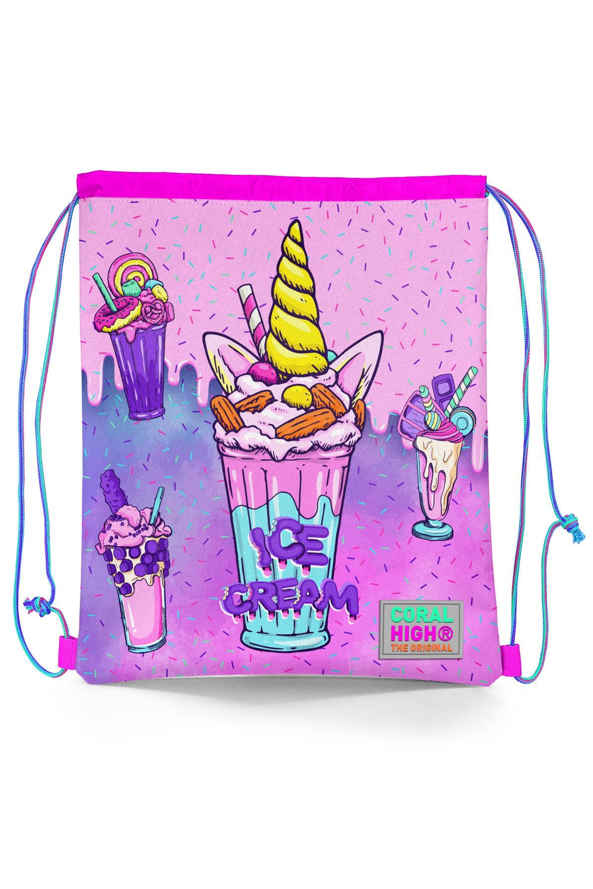 Coral High Kids Pembe Mor Milkshake Dondurma Desenli İpli Büzgülü Sırt Çantası 12644