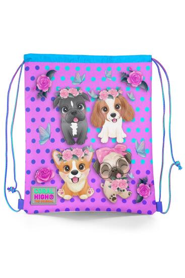 Coral High Kids Pembe Köpek Desenli İpli Büzgülü Sırt Çantası 12645 - Coral High KIDS