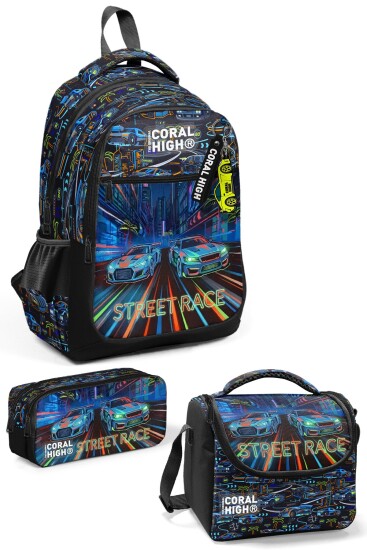 Coral High Kids Renkli Yarış Arabası Desenli 3’lü Okul Çanta Seti SET0133259 - Coral High