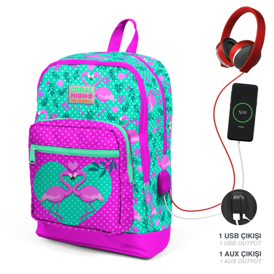 Coral High Kids Su Yeşili Pembe Flamingo Desenli Dört Bölmeli USB Şarjlı Kulaklık Çıkışlı Okul Sırt Çantası 23262 