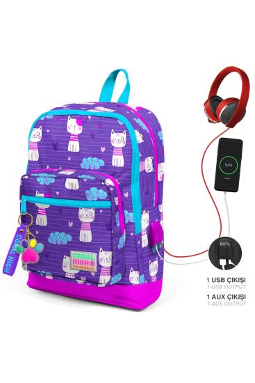 Coral High Kids Mor Pembe Kedi Desenli Dört Bölmeli USB'li Okul Sırt Çantası 23264 