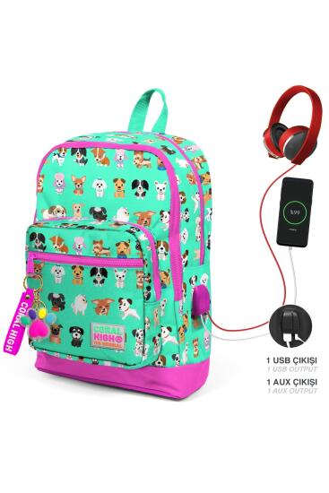 Coral High Kids Su Yeşili Neon Pembe Köpek Desenli Dört Bölmeli USB'li Okul Sırt Çantası 23266 - Coral High KIDS