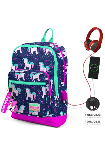 Coral High Kids Lacivert Pembe Unicorn Desenli Dört Bölmeli USB'li Okul Sırt Çantası 23270 - Coral High KIDS