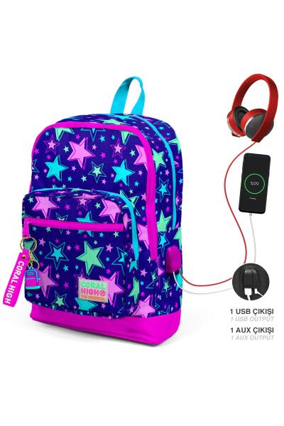 Coral High Kids Saks Pembe Yıldız Desenli Dört Bölmeli USB'li Okul Sırt Çantası 23271 - 1