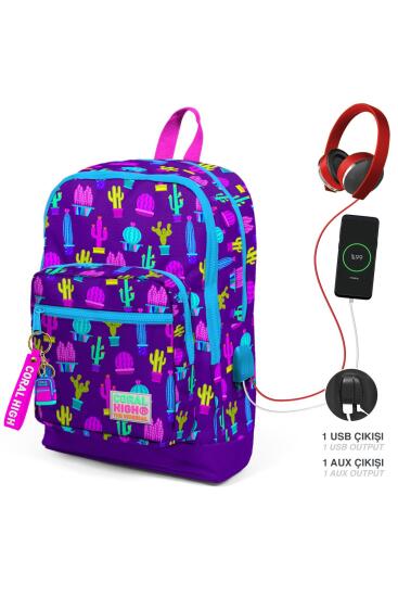 Coral High Kids Mor Pembe Kaktüs Desenli Dört Bölmeli USB'li Okul Sırt Çantası 23273 - Coral High KIDS