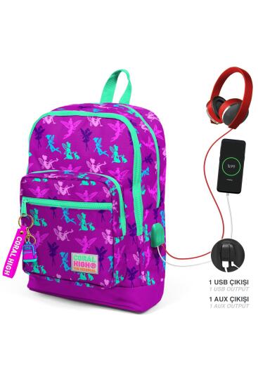 Coral High Kids Koyu Pembe Su Yeşili Peri Desenli Dört Bölmeli USB'li Okul Sırt Çantası 23274 - Coral High KIDS