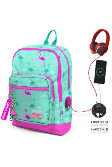 Coral High Kids Su Yeşili Neon Pembe Flamingo Desenli Dört Bölmeli USB'li Okul Sırt Çantası 23275 - Coral High KIDS