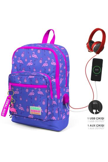 Coral High Kids Lavanta Pembe Flamingo Desenli Dört Bölmeli USB'li Okul Sırt Çantası 23276 