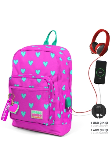 Coral High Kids Neon Pembe Su Yeşili Kalp Desenli Dört Bölmeli USB'li Okul Sırt Çantası 23277 