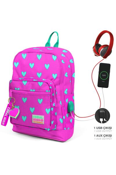 Coral High Kids Neon Pembe Su Yeşili Kalp Desenli Dört Bölmeli USB'li Okul Sırt Çantası 23277 - 1