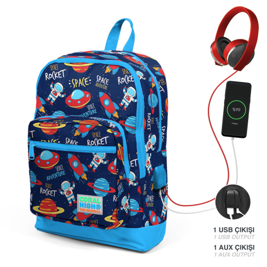 Coral High Kids Lacivert Mavi Uzay Desenli Dört Bölmeli USB'li Okul Sırt Çantası 23280 - Coral High KIDS