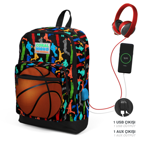 Coral High Kids Siyah Basketbol Desenli Dört Bölmeli USB'li Okul Sırt Çantası 23281 