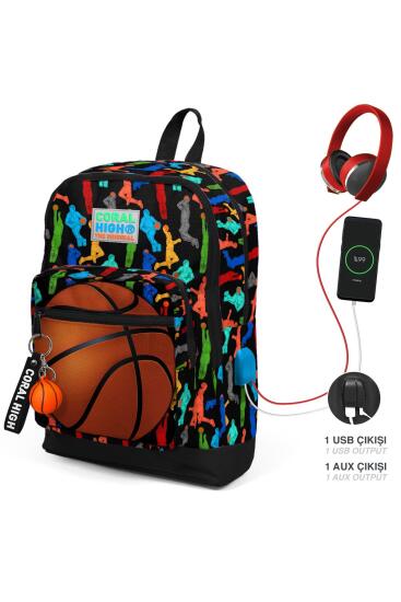 Coral High Kids Siyah Basketbol Desenli Dört Bölmeli USB'li Okul Sırt Çantası 23281 - Coral High KIDS