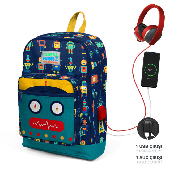 Coral High Kids Lacivert Çivit Robot Desenli Dört Bölmeli USB'li Okul Sırt Çantası 23284 - Coral High KIDS
