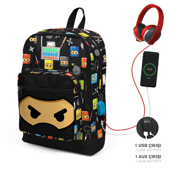 Coral High Kids Siyah Ninja Desenli Dört Bölmeli USB'li Okul Sırt Çantası 23285 - Coral High KIDS