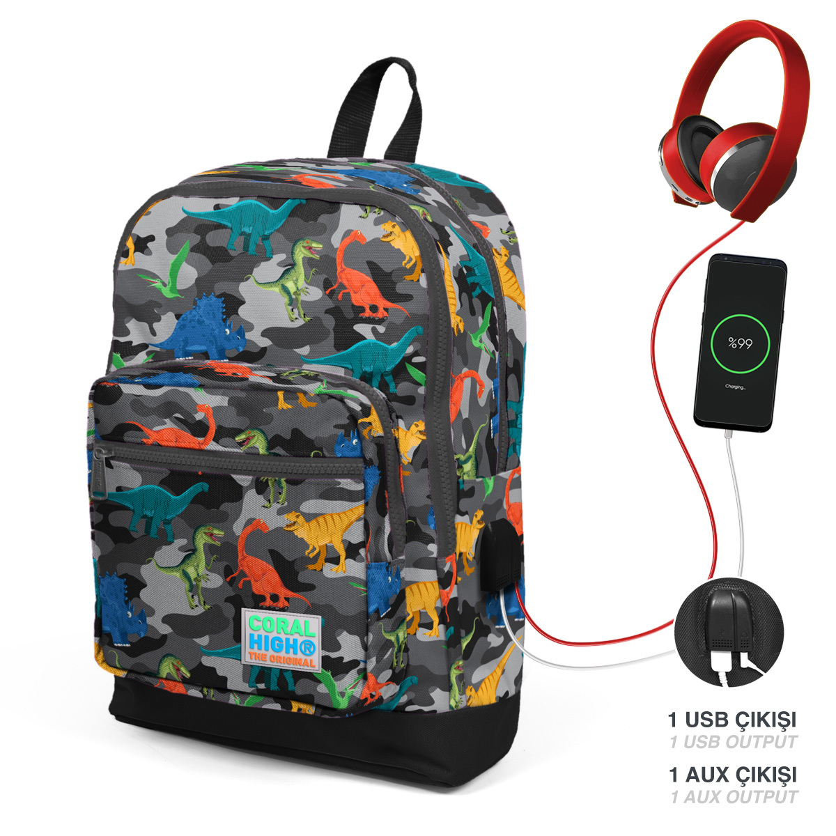 Coral High Kids Koyu Gri Siyah Kamuflaj Dinozor Desenli Dört Bölmeli USB'li Okul Sırt Çantası 23286