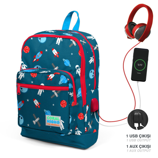 Coral High Kids Çivit Kırmızı Uzay Desenli Dört Bölmeli USB'li Okul Sırt Çantası 23290 - Coral High KIDS