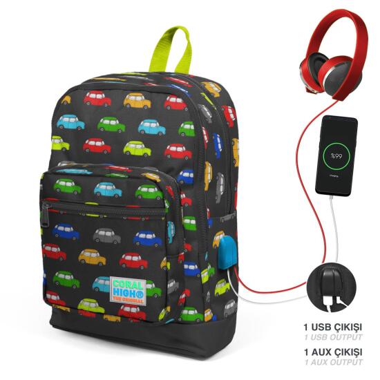 Coral High Kids Gri Araba Desenli Dört Bölmeli USB'li Okul Sırt Çantası 23292 - Coral High KIDS