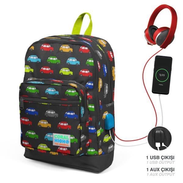 Coral High Kids Gri Araba Desenli Dört Bölmeli USB'li Okul Sırt Çantası 23292 - 1