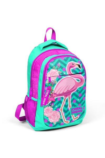 Coral High Kids Su Yeşili Pembe Simli Flamingo Desenli Üç Bölmeli USB'li Okul Sırt Çantası 23411 - 3