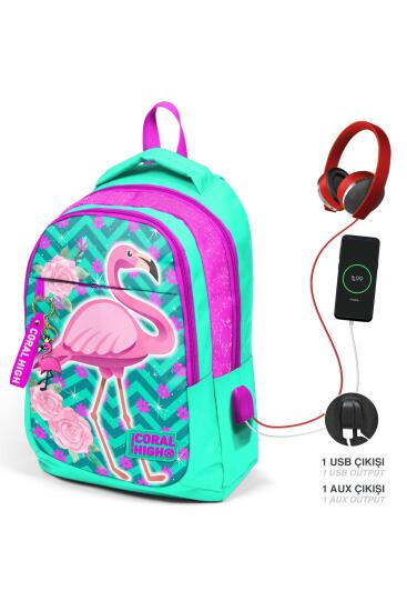 Coral High Kids Su Yeşili Pembe Simli Flamingo Desenli Üç Bölmeli USB'li Okul Sırt Çantası 23411 - Coral High KIDS