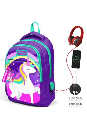 Coral High Kids Mor Su Yeşili Unicorn Desenli Üç Bölmeli USB'li Okul Sırt Çantası 23415 - Coral High KIDS