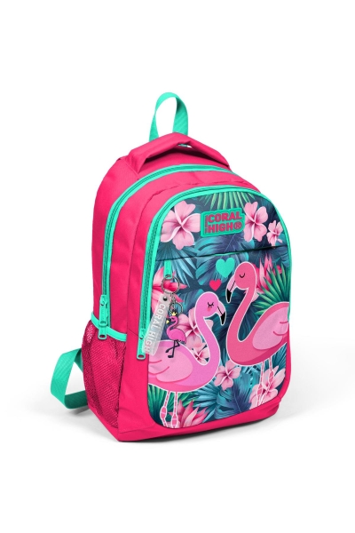 Coral High Kids Neon Mercan Su Yeşili Flamingo Desenli Üç Bölmeli USB'li Okul Sırt Çantası 23416 - 3