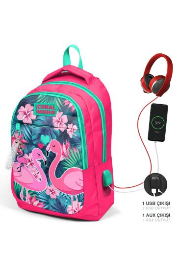 Coral High Kids Neon Mercan Su Yeşili Flamingo Desenli Üç Bölmeli USB'li Okul Sırt Çantası 23416 - Coral High KIDS