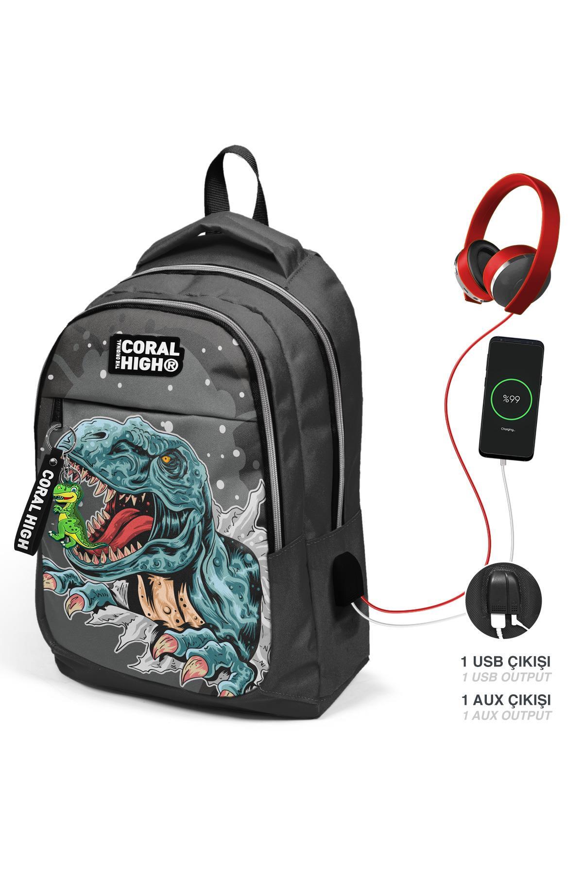 Coral High Kids Koyu Gri Siyah Dinozor Desenli Üç Bölmeli USB'li Okul Sırt Çantası 23420