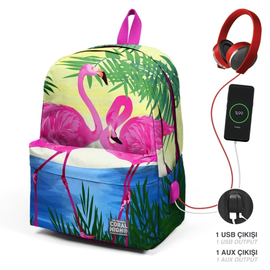 Coral High Pembe Flamingo Desenli Üç Bölmeli USB Şarjlı Kulaklık Çıkışlı Sırt Çantası 23424 - Coral High