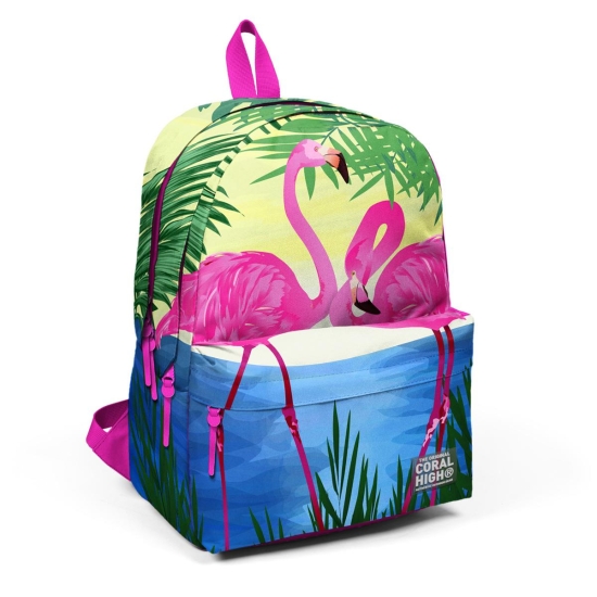 Coral High Pembe Flamingo Desenli Üç Bölmeli USB Şarjlı Kulaklık Çıkışlı Sırt Çantası 23424 - 2