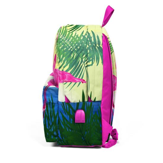 Coral High Pembe Flamingo Desenli Üç Bölmeli USB Şarjlı Kulaklık Çıkışlı Sırt Çantası 23424 - 3