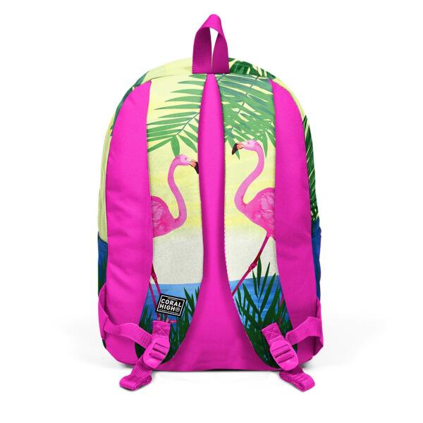 Coral High Pembe Flamingo Desenli Üç Bölmeli USB Şarjlı Kulaklık Çıkışlı Sırt Çantası 23424 - 4