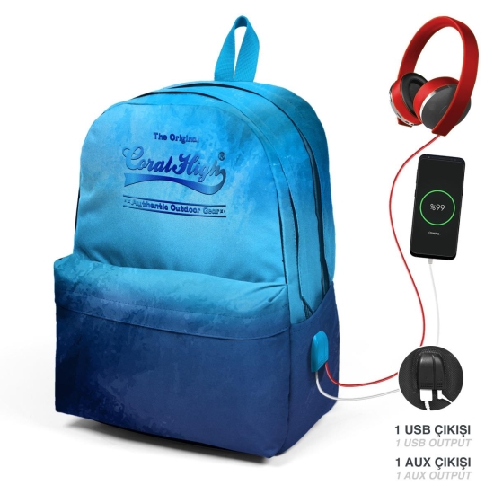 Coral High Lacivert Mavi Renk Geçişli Üç Bölmeli USB Şarjlı Kulaklık Çıkışlı Okul Sırt Çantası 23428 - 1