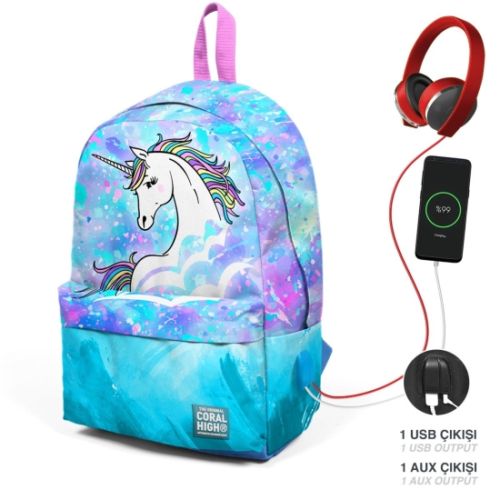 Coral High Derin Mavi Açık Pembe Unicorn Desenli İki Bölmeli USB Şarjlı Kulaklık Çıkışlı Okul Sırt Çantası 23429 - Coral High