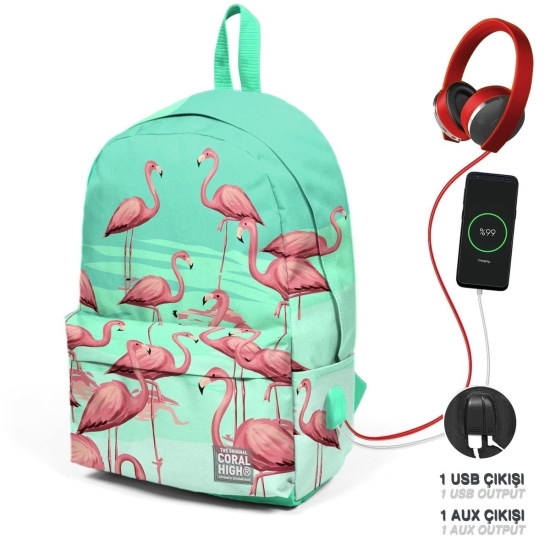 Coral High Su Yeşili Flamingo Desenli İki Bölmeli USB Şarjlı Kulaklık Çıkışlı Okul Sırt Çantası 23432 - 1