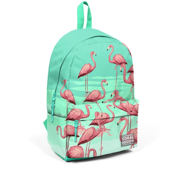 Coral High Su Yeşili Flamingo Desenli İki Bölmeli USB Şarjlı Kulaklık Çıkışlı Okul Sırt Çantası 23432 - 2