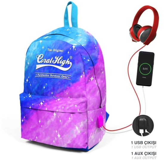 Coral High Pembe Saks Renk Geçişli İki Bölmeli USB Şarjlı Kulaklık Çıkışlı Okul Sırt Çantası 23433 - Coral High