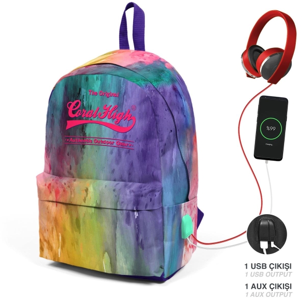 Coral High Renkli Batik Desenli İki Bölmeli USB Şarjlı Kulaklık Çıkışlı Okul Sırt Çantası 23434 - 1