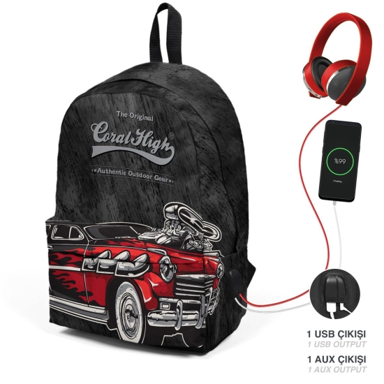 Coral High Siyah Koyu Gri Araba Desenli İki Bölmeli USB Şarjlı Kulaklık Çıkışlı Sırt Çantası 23436 