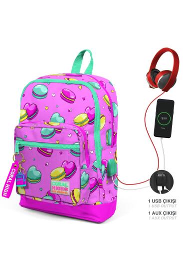 Coral High Kids Açık Pembe Su Yeşili Makaron Desenli Dört Bölmeli USB'li Okul Sırt Çantası 23261 