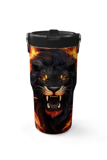 Coral High Siyah Aslan Desenli Katlanır Ağızlıklı Çelik Termos 600 ml 38921 - 2