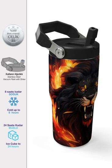 Coral High Siyah Aslan Desenli Katlanır Ağızlıklı Çelik Termos 600 ml 38921 - 1