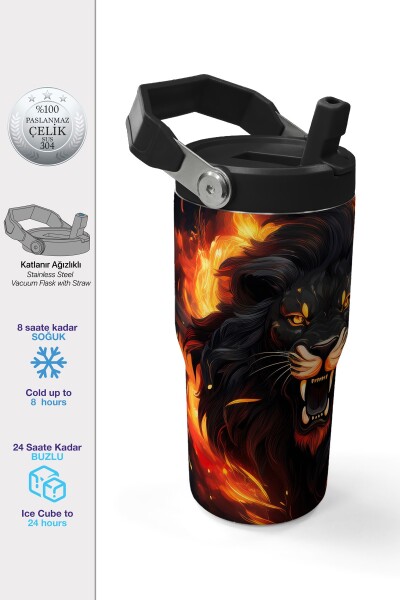 Coral High Siyah Aslan Desenli Katlanır Ağızlıklı Çelik Termos 600 ml 38921 - 1